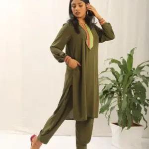 Lace Kurti Set- Olive