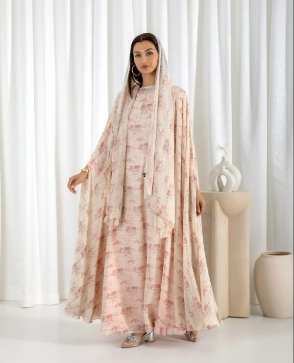Printed Cape Gown Set - Cream