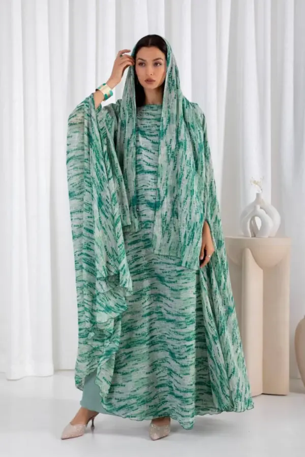 Printed Cape Gown Set -Green
